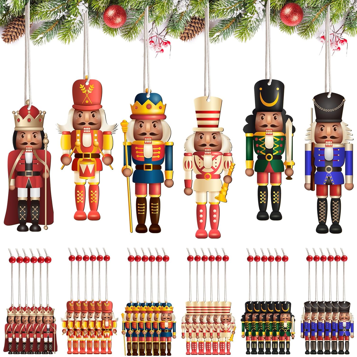 Nutcrackers - Thyle 48 Pcs Christmas Nutcracker Ornament Set African American Style Wooden Nutcrackers Figures Decoration Hanging Wood Nutcracker Decor Xmas King and Soldier Ornaments for Tree Shelf Table Decor