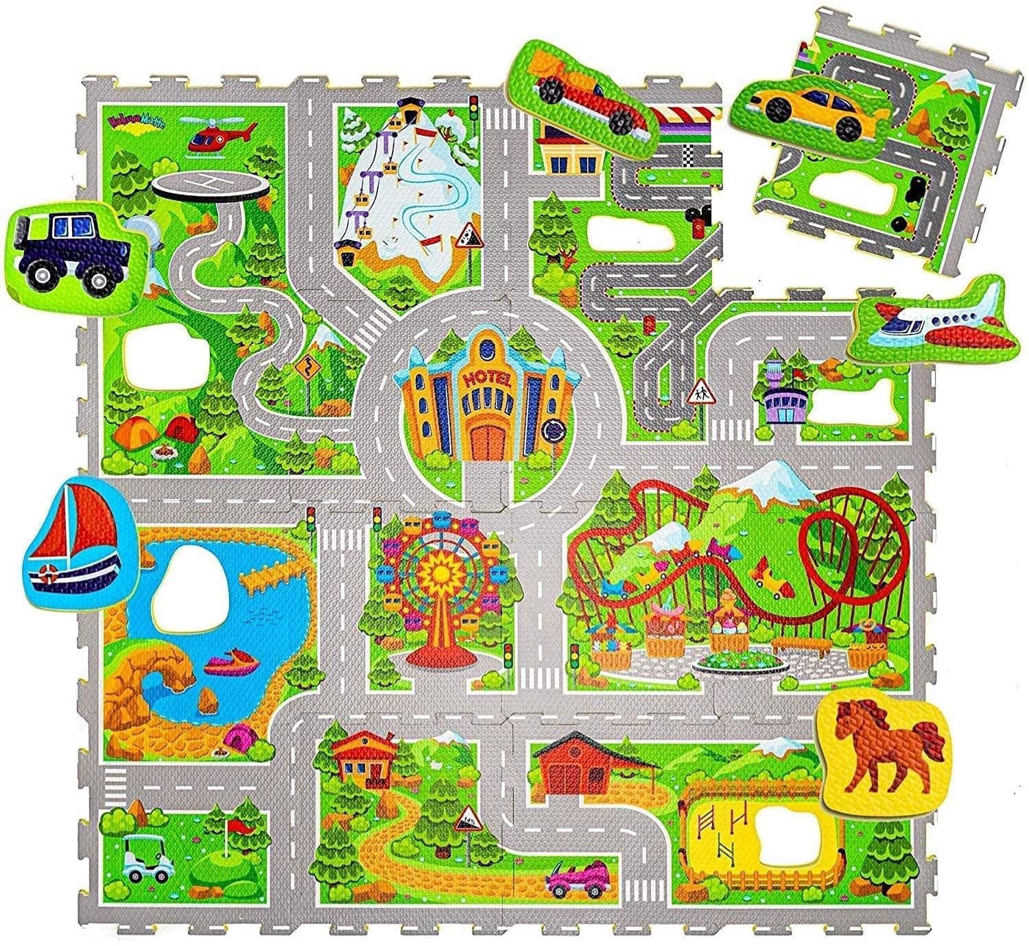Hakuna Matte Children's City Puzzle Rug 1.2 x 1.2 m – 16 Interlocking Foam Tiles – Children's Rug 20% Thicker and Soft – Odourless, Formamide Free, EN-71 Certified (Holiday) — image 1