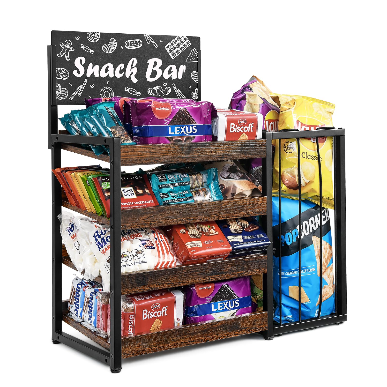 Photo 1 of Candy Display Rack, 4 Tier Snack Display for Countertop,Wooden Counter Snack Organizer Frame Basket, Potato Chip Display Retail Display Shelf for Office, Store, Counter, Kitchen