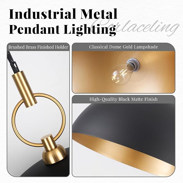 CORLACELING 23.6″ FARMHOUSE PENDANT LIGHTS FOR KITCHEN ISLAND, BLACK AND GOLD LARGE DOME PENDANT LIGHT FIXTURE INDUSTRIAL HANGING LAMP FOR DINING ROOM LIVING ROOM HALLWAY BAR BEDROOM