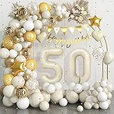 50th Birthday Decorations Sand White Gold,50th Balloon Arch Garland Kit With Number 50 Foil Balloons,Happy Birthday Banner for Women Men 50 Party Decoration