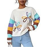 Verdusa Women's 3D Floral Sweater Fall Clothes Color Block Sweaters Trendy Pullover Knit Tops