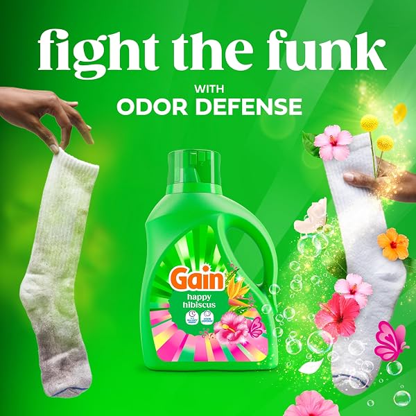 GAIN LIQUID LAUNDRY DETERGENT, WITH ODOR DEFENSE, HAPPY HIBISCUS SCENT, LAUNDRY SOAP FOR HE WASHING MACHINES, 132 FL OZ, 100 LOADS (PACKAGING MAY VARY)