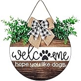 Jetec Dog Welcome Sign Welcome Wreath Sign Hope You Like Dogs for Farmhouse Front Porch Decor Door Hanging with Greenery Gift for Christmas Housewarming Holiday