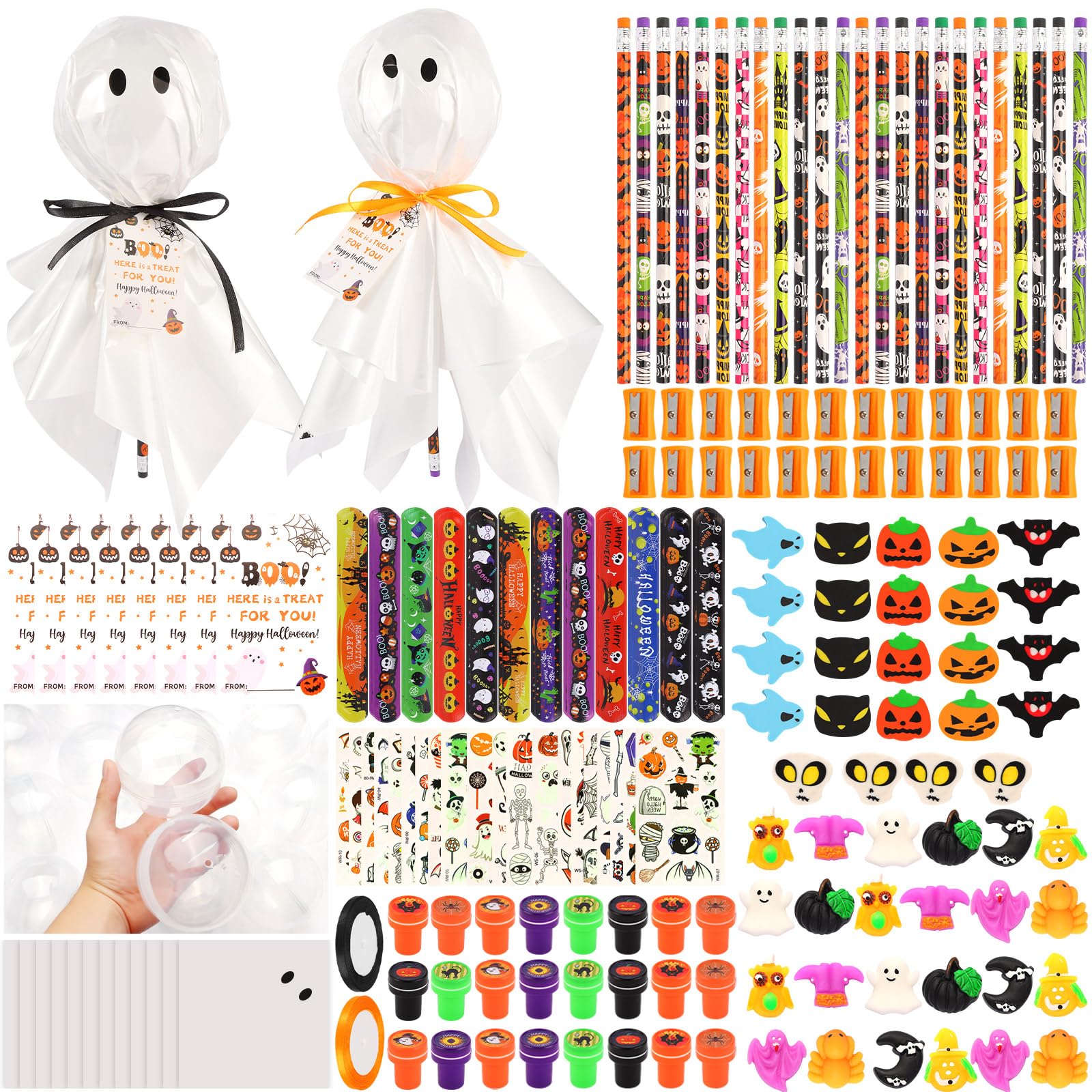 Photo 1 of 24Pack Halloween Party Favors for Kids, Halloween Classroom Gifts Giant Lollipop Gifts for Birthday Party with Gift Cards, Pencils, Erasers, Stickers, Sharpener for School Exchange Party Gift