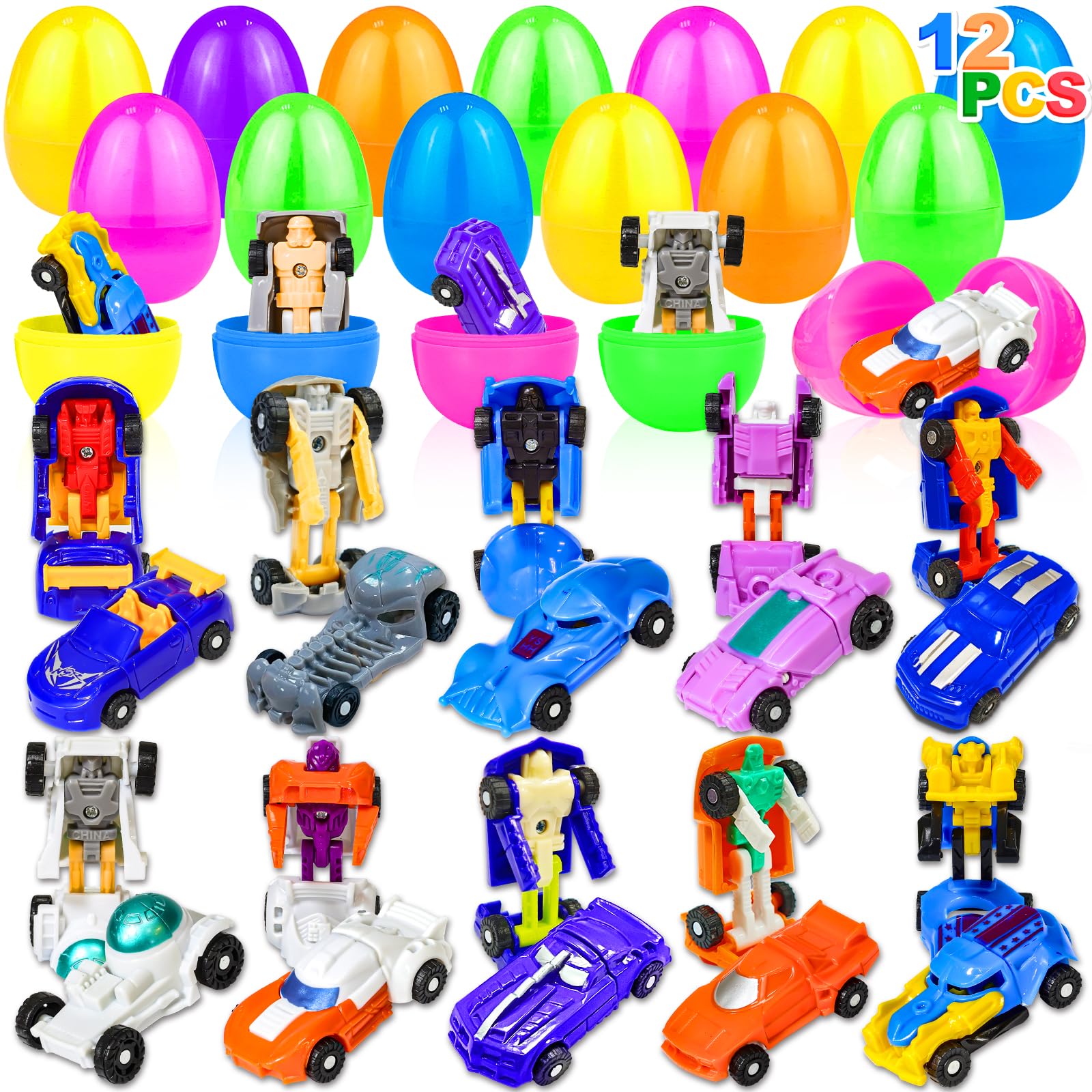 AMENON 12 Pack Easter Eggs with Transform Car Toys For Boys, Easter Basket Stuffers Transform Vehicle Robot For Kids Boys Easter Egg Hunts Classroom Prize Supplies Fillers Party Favors