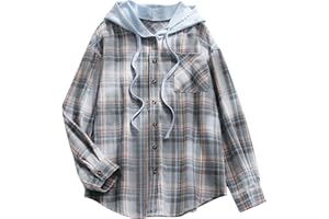 EWASWON Womens Flannel Shirts 2024 Long Sleeve Plaid Hooded Jackets Drawstring Tops Casual Trendy Fall Winter Coats