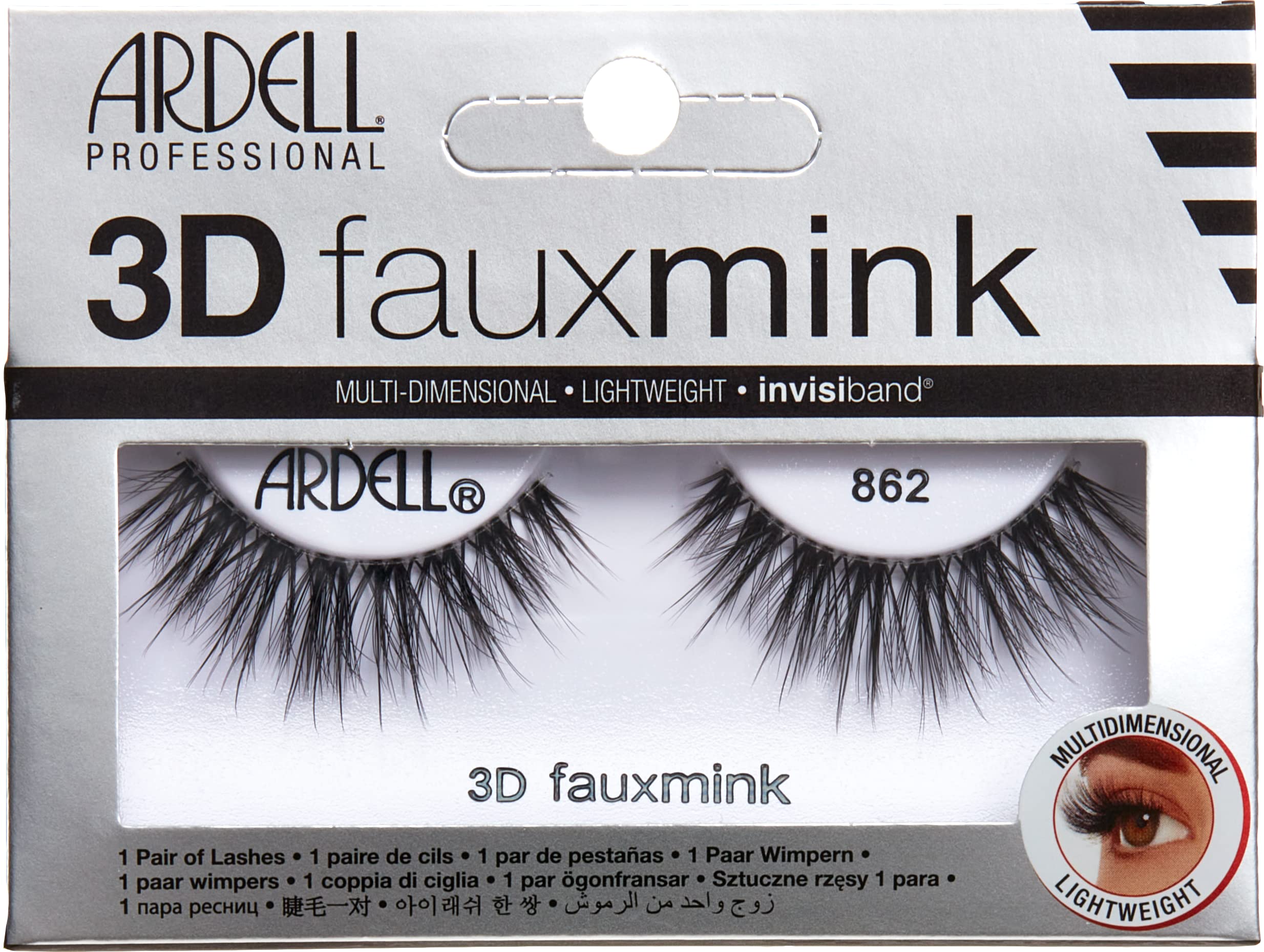 Ardell False Eyelashes 3D Faux Mink 862 Black Multi-Layered Lashes Extreme Curl Soft Ultra-Luxurious Full Volume Long Length Knot-Free Invisiband Vegan-Friendly Cruelty-Free Eyelashes