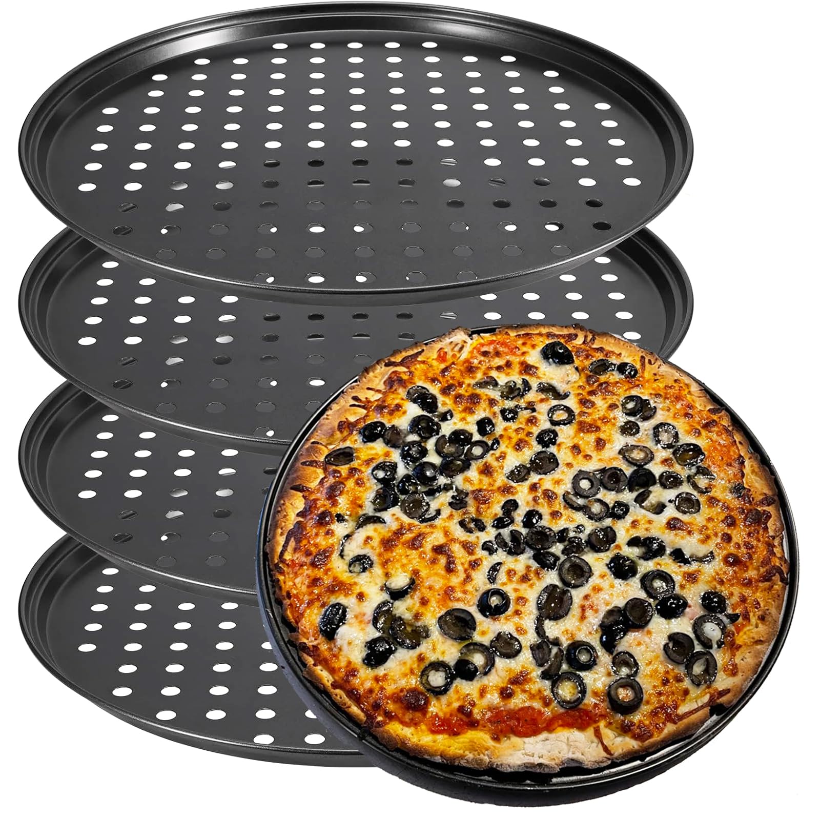 ZEONHEI 4 Pack 12 Inch Non Stick Pizza Tray, Pizza Dough Tray for Oven, Round Baking Pan with Holes for Making Pizza, 32CM x 1.5CM, Black