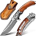LOTHAR RHAEGAL Damascus Pocket Knife for Men, Handmade Forged VG10 Damascus Folding Knife with Sandalwood, Retro Leather Sheath, Pocket Clip, Men Gifts for Birthday, Christmas, Father's Day, Valentines Day (Yellow Sandalwood)