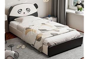 IKIFLY Twin Bed Frames for Kids, Children Upholstered Twin Platform Bed Frame with Headboard, Solid Wood Slats, Toddler Bed for Boys & Girls, Teens, No Box Spring Needed - Panda Design