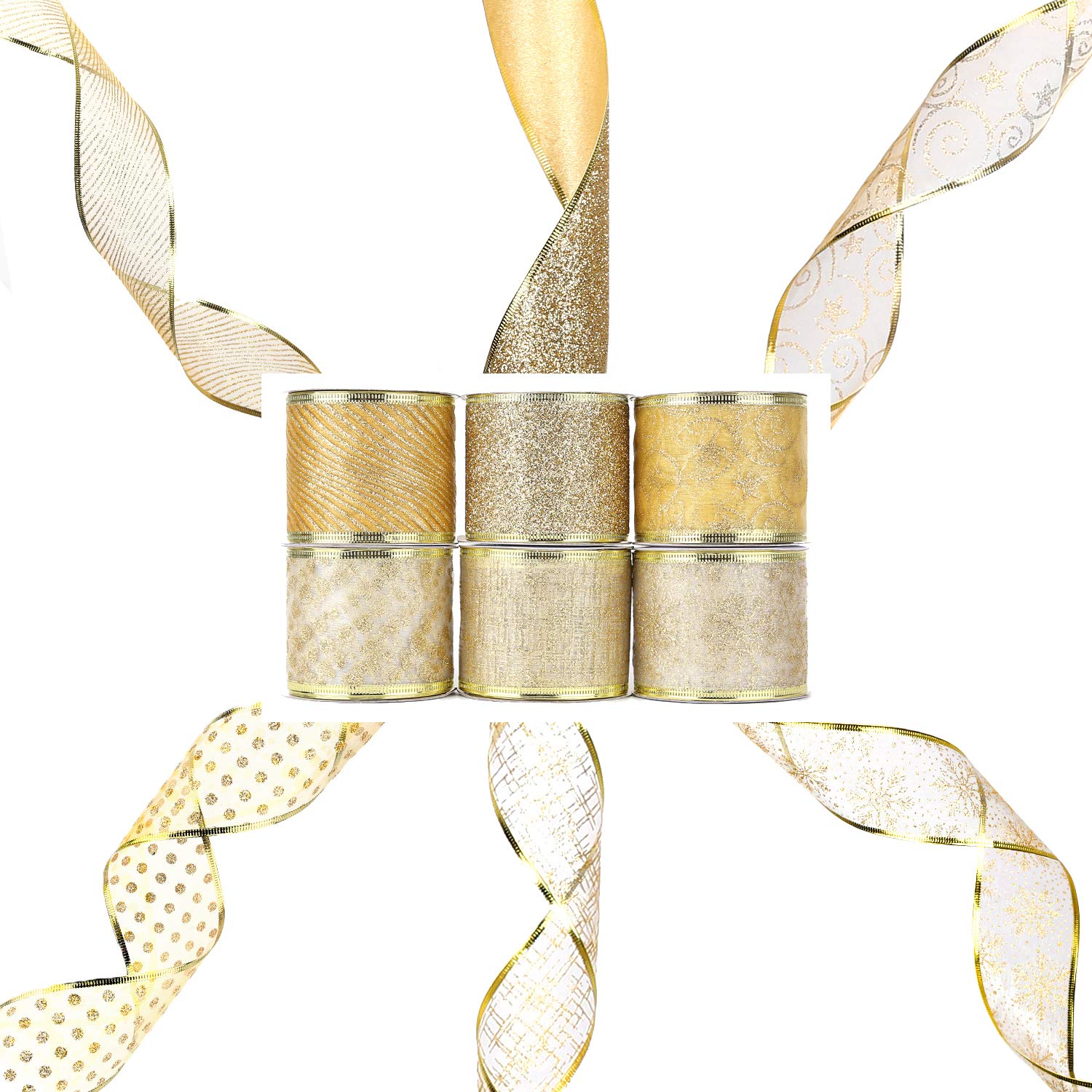 AIEX 6 Roll Christmas Ribbon for Christmas Tree Decorations, Wired Ribbon Assorted Glitter Tulle Decorations for Gift Wrapping, Gold Ribbon for DIY Xmas Decorations (6.35cm Wide, 5.5m Length)