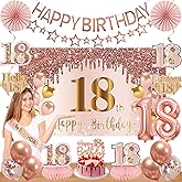 Turypaty 18th Birthday Decorations for Girls, Pink Rose Gold Happy 18 years old Birthday Banner Backdrop Balloons Sash Table Cake Topper Honeycomb Centerpieces Hanging Swirls Paper Fans Party Supplies