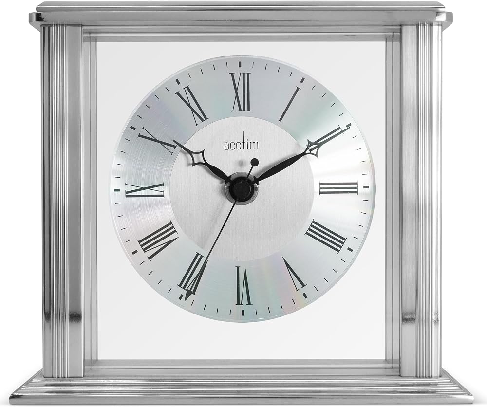 Acctim Hamilton Mantel Clock Quartz Brushed Metal Silver Glass Floating