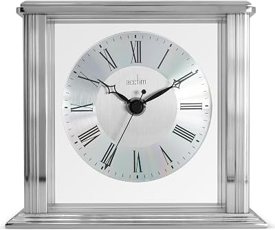 Acctim Hamilton Mantel Clock Quartz Brushed Metal Silver Glass Floating