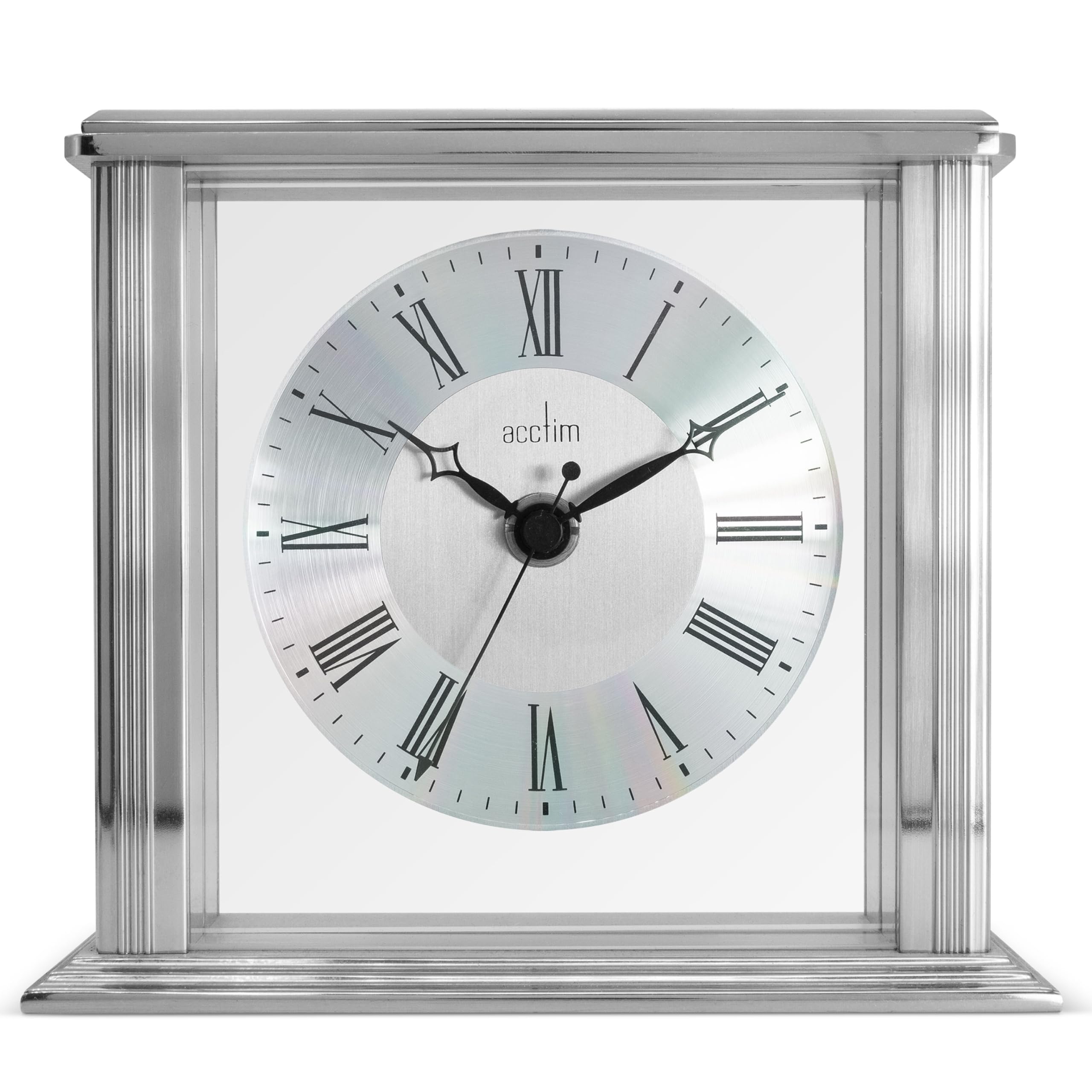 Acctim Hamilton Mantel Clock Quartz Brushed Metal & Glass Floating Effect Energy Efficient Silver, 13.7 x 15.5 x 6.8