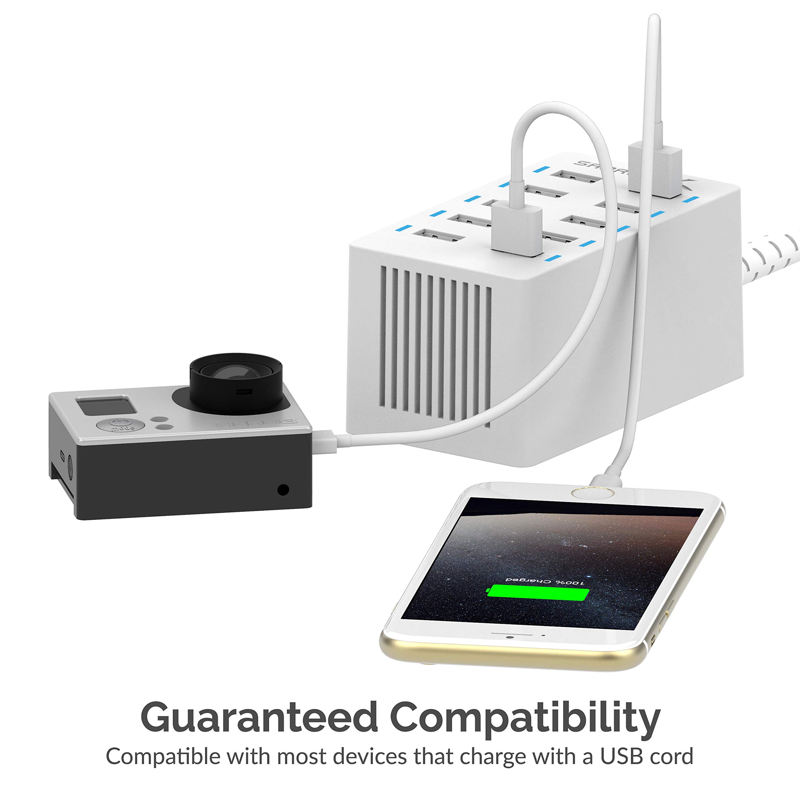 SABRENT 60 Watt (12 Amp) 10 Port [UL Certified] Family Sized Desktop USB Rapid Charger. Smart USB Charger with Auto Detect Technology [White] (AX-TPCS-W)
