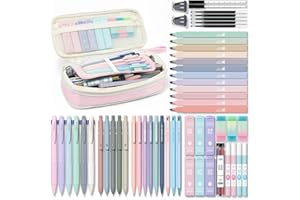 Four Candies 56 PCS Aesthetic School Supplies with Cute Pencil Case, 6 Multicolor Pen, 12 Pastel Highlighters, 5 Gel Pens Black Ink, 9 Mechanical Pencils for Student Stationary Set Preppy Stuff (Pink)