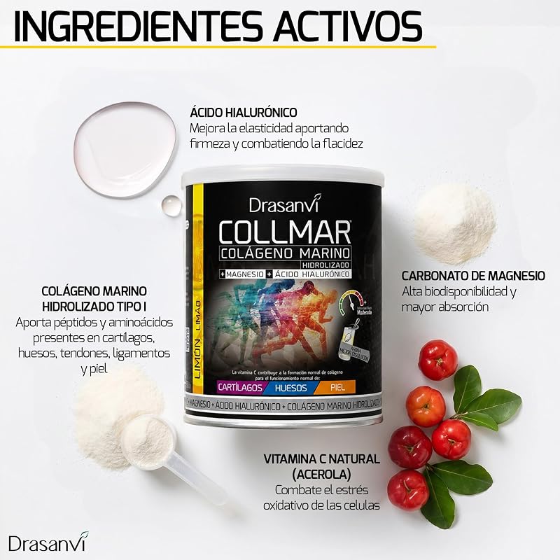 COLLMAR Colágeno Marino Hidrolizado con Ácido Hialurónico, Magnesio, Vitamina C | para Cartílagos, Huesos y Piel |Alta Dosis 9.717 mg/dia |300g de Polvo=28 Días | Sabor Limón