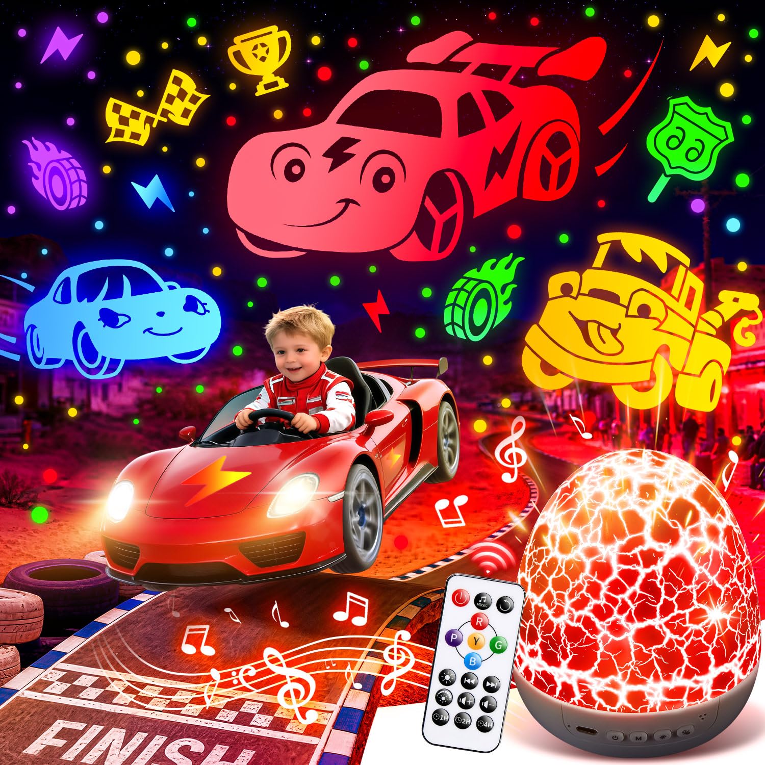 Toddler Toy Cars Projector Egg Shaped | 6HD Films+15 Sounds+31 Colors+Remote Control+360°Rotating | Egg Light for Nursery Toy Cars for Toddlers 1-3 Toys for Boys age 4-7 Boy Birthday Gifts 1-8 Years Image
