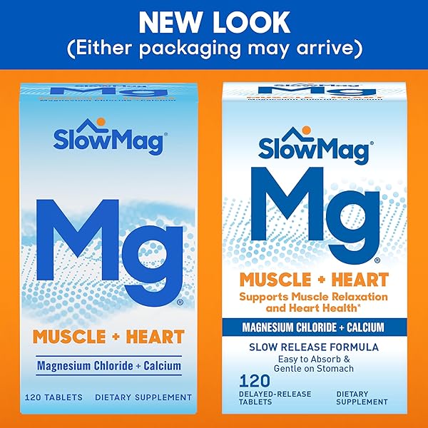 SLOWMAG MUSCLE & HEART MAGNESIUM CHLORIDE SUPPLEMENT WITH CALCIUM, 120 COUNT, SUPPORTS MUSCLE RELAXATION, HEART, NERVE & BONE HEALTH, HIGH ABSORPTION