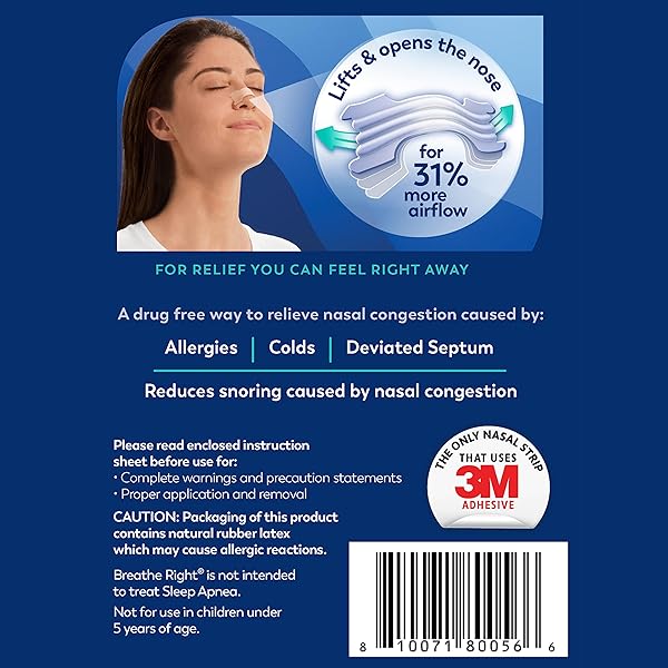 BREATHE RIGHT NASAL STRIPS, EXTRA STRENGTH CLEAR NOSE STRIPS, DRUG-FREE NASAL CONGESTION RELIEF FOR BETTER BREATHING, HELP RELIEVE SNORING, CAUSED BY COLDS & ALLERGIES, DEVIATED SEPTUM, 44CT