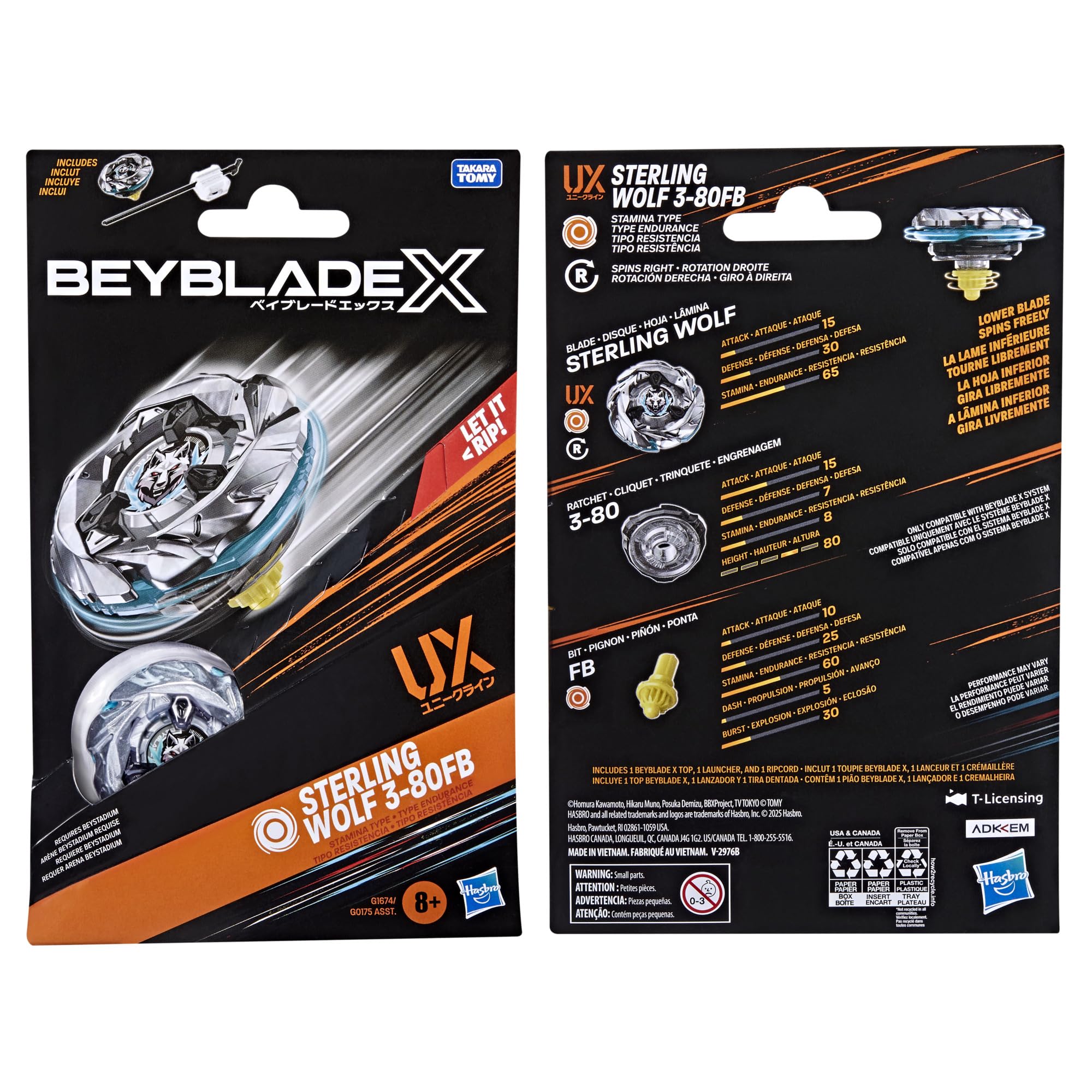 Beyblade X Sterling Wolf 3-80FB UX Starter Pack Set with Stamina Type Top and Launcher, Authentic Takara Tomy Battle Tops Games, Toys for Boys and Girls 8+
