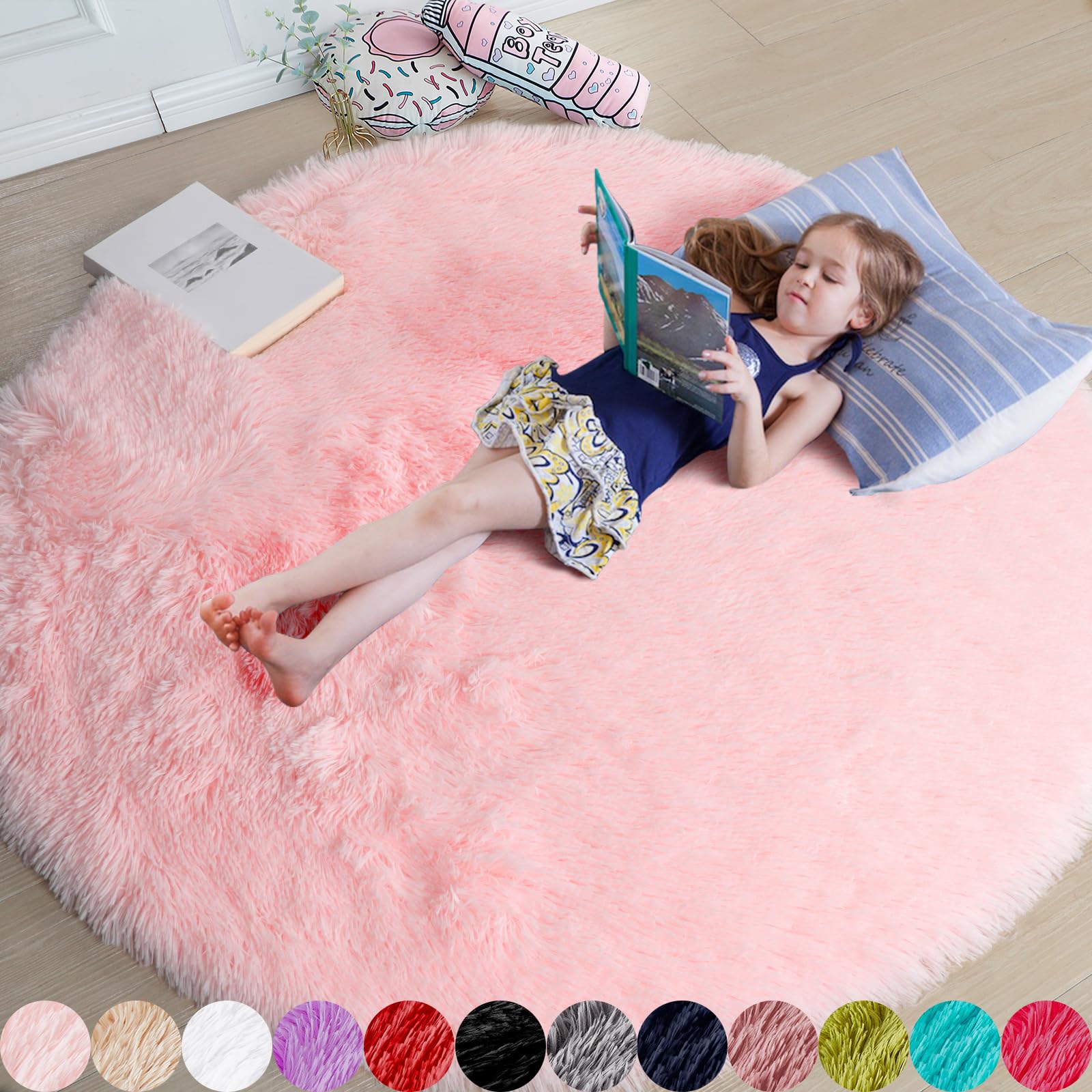Photo 1 of Amdrebio Pink Round Area Rugs 8Ft for Living Room, Bedroom Decor, Soft Large Circle Rug for Kids Room, Teen Girls, Fluffy Big Carpets for Baby Nursery, Dorm, Classroom, Cute Kawaii Princess Carpet