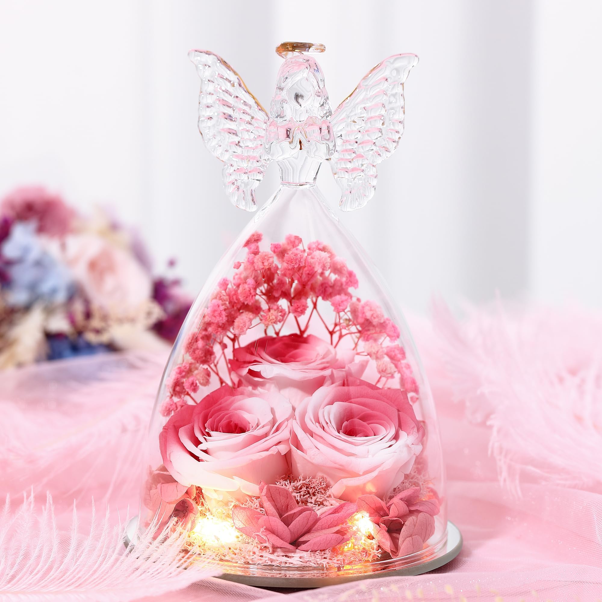 Rose Eternelle Cadeau Femme,Ange Figurine En Verre Avec Fleur Eternelle Cadeau,Ange Gardien,Cadeau Anniversaire Femme,Saint Valentin FêTe Des MèRes Anniversaire, Cadeaux D'Anniversaire Pour Femme (A)