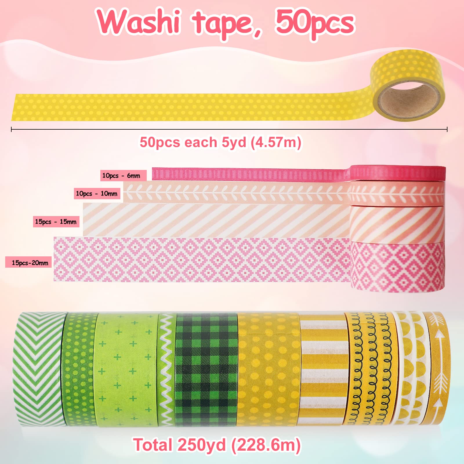 50 Rolls Washi Tape Set, Decorative Adhesive Tape for Scrapbook, Arts & Crafts, Journals, and Planners, Each Rolls 5yd Total 250yd (Pink)