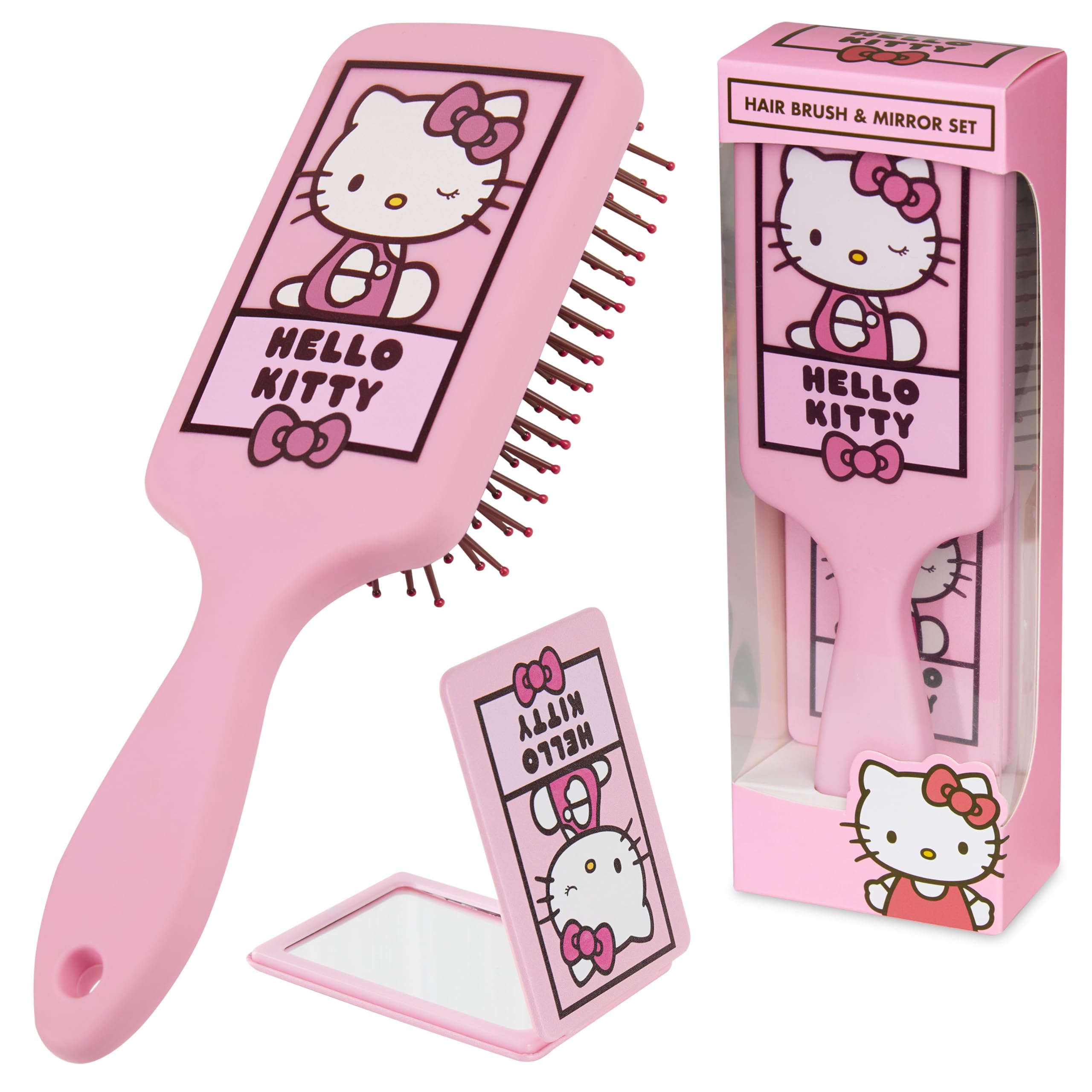 Hello Kitty Sanrio Hair Brush & Mirror Set for Girls Women, Kuromi Cinnamoroll Paddle Brush Detangler Kawaii Folding Mirror, Anime Gifts for Her (Hello Kitty Brush & Mirror)