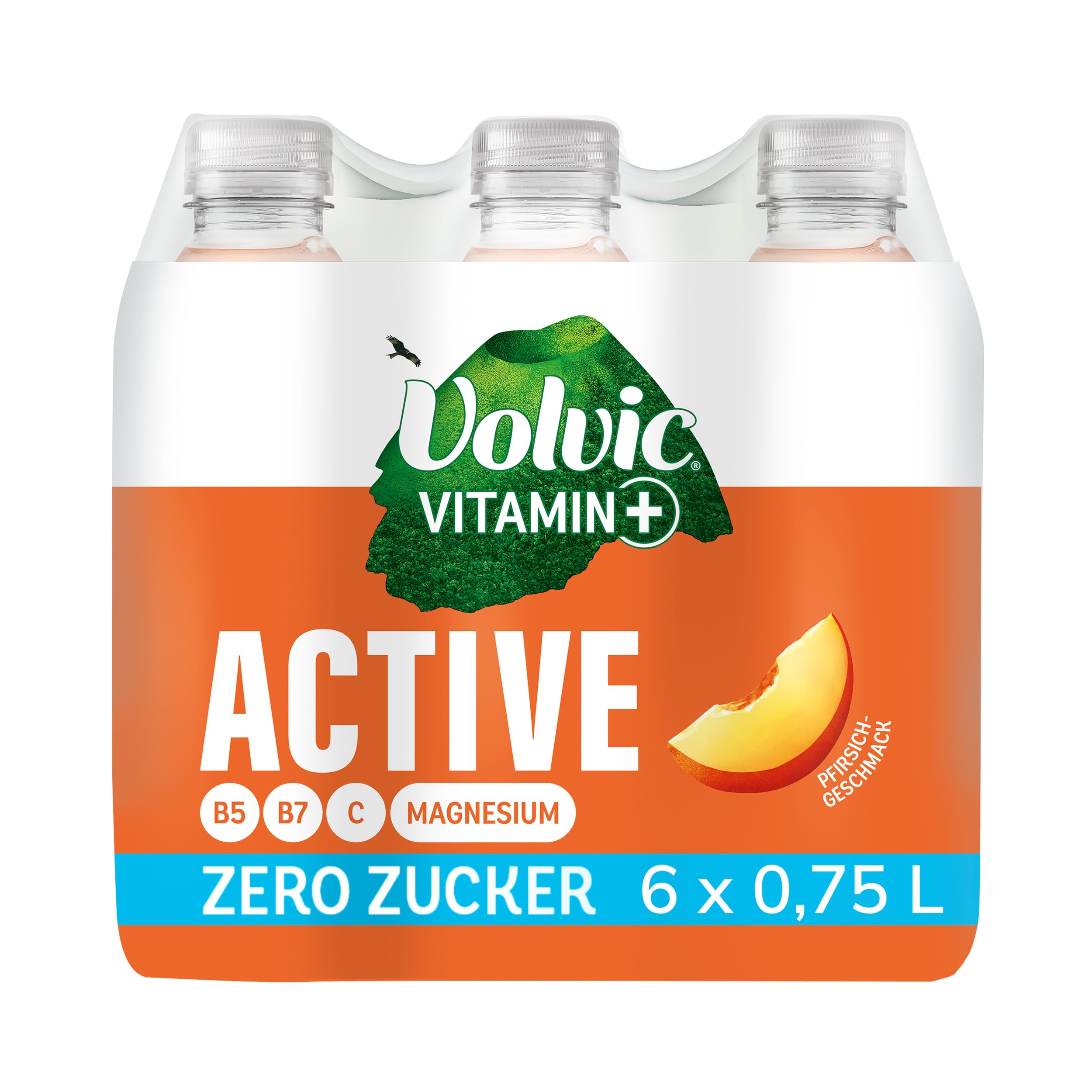 Volvic Vitamin+ Active Pfirsich – Erfrischungsgetränk mit Koffein, Magnesium und Vitaminen – Ohne Zucker und ohne Kalorien – 6 x 0,75 l