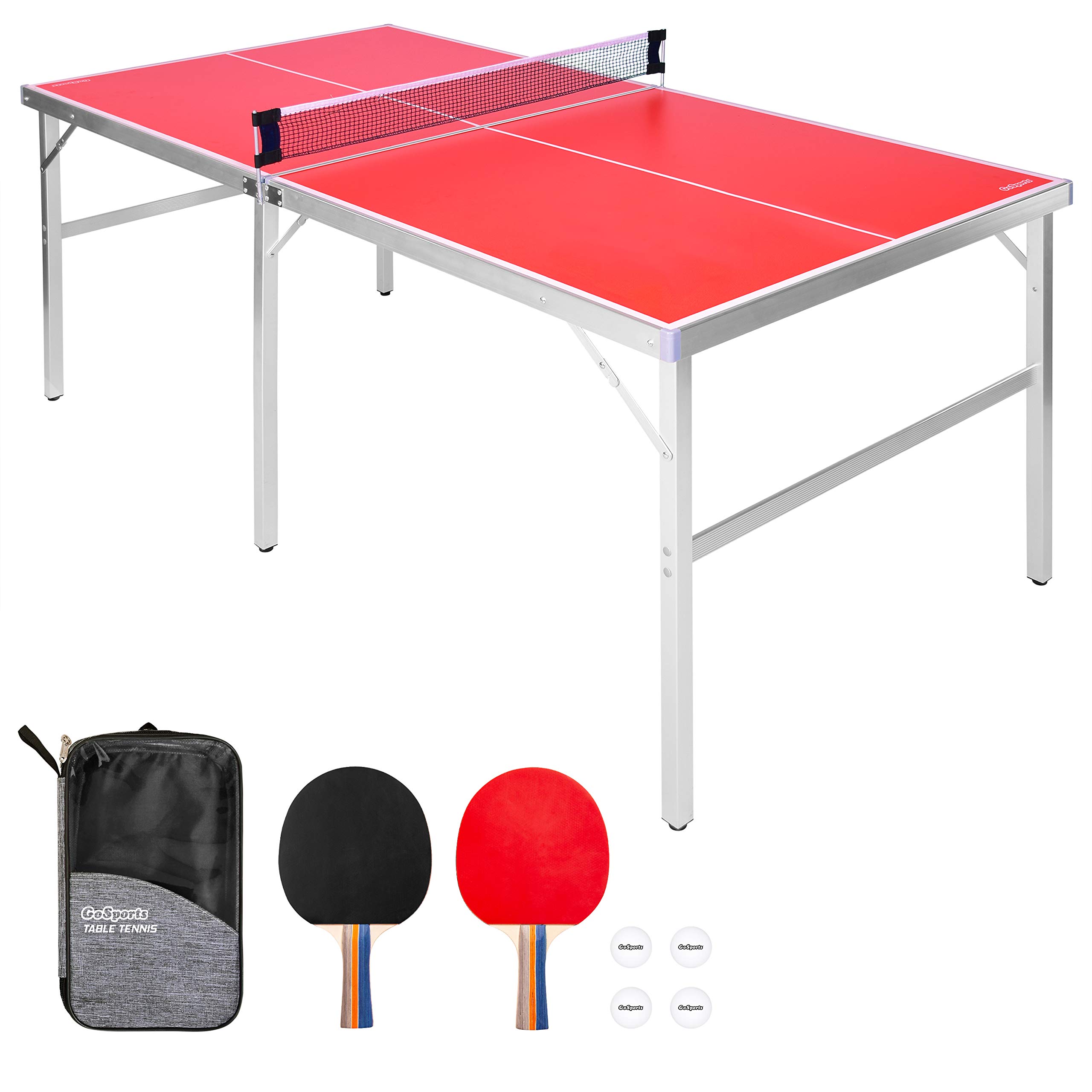 GoSports Mid-Size Table Tennis Game Set - Red or Blue - Indoor/Outdoor Portable Table Tennis Game with Net, 2 Table Tennis Paddles and 4 Balls