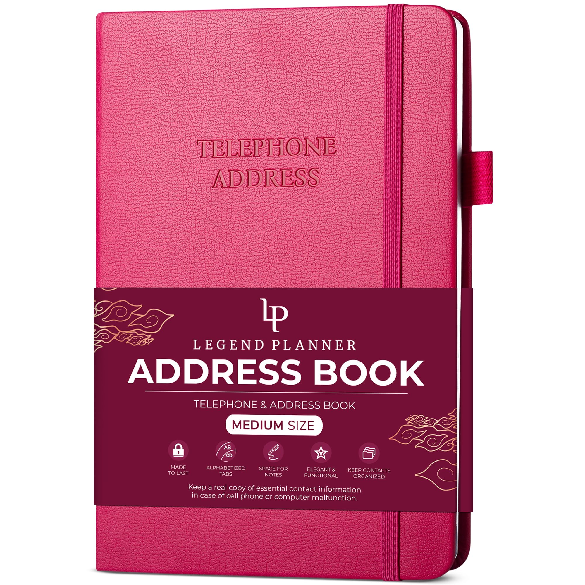 Legend Planner Address Book with Alphabetical Tabs –Telephone Contacts Book for Phone Numbers, Addresses, Passwords, Medium (Hot Pink)