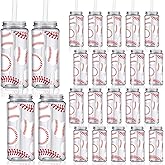 Domensi 24 Pack 14.2 oz Baseball Plastic Cups with Lid and Straw Clear Reusable Cups with Lids and StrawsTumbler for Birthday Sports Themed Party Supplies