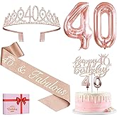 40th Birthday Decorations Women, Include 40th Birthday Sash and Crown, Cake Topper and Candles, Number Balloons, 40 Year Old Gifts for Women