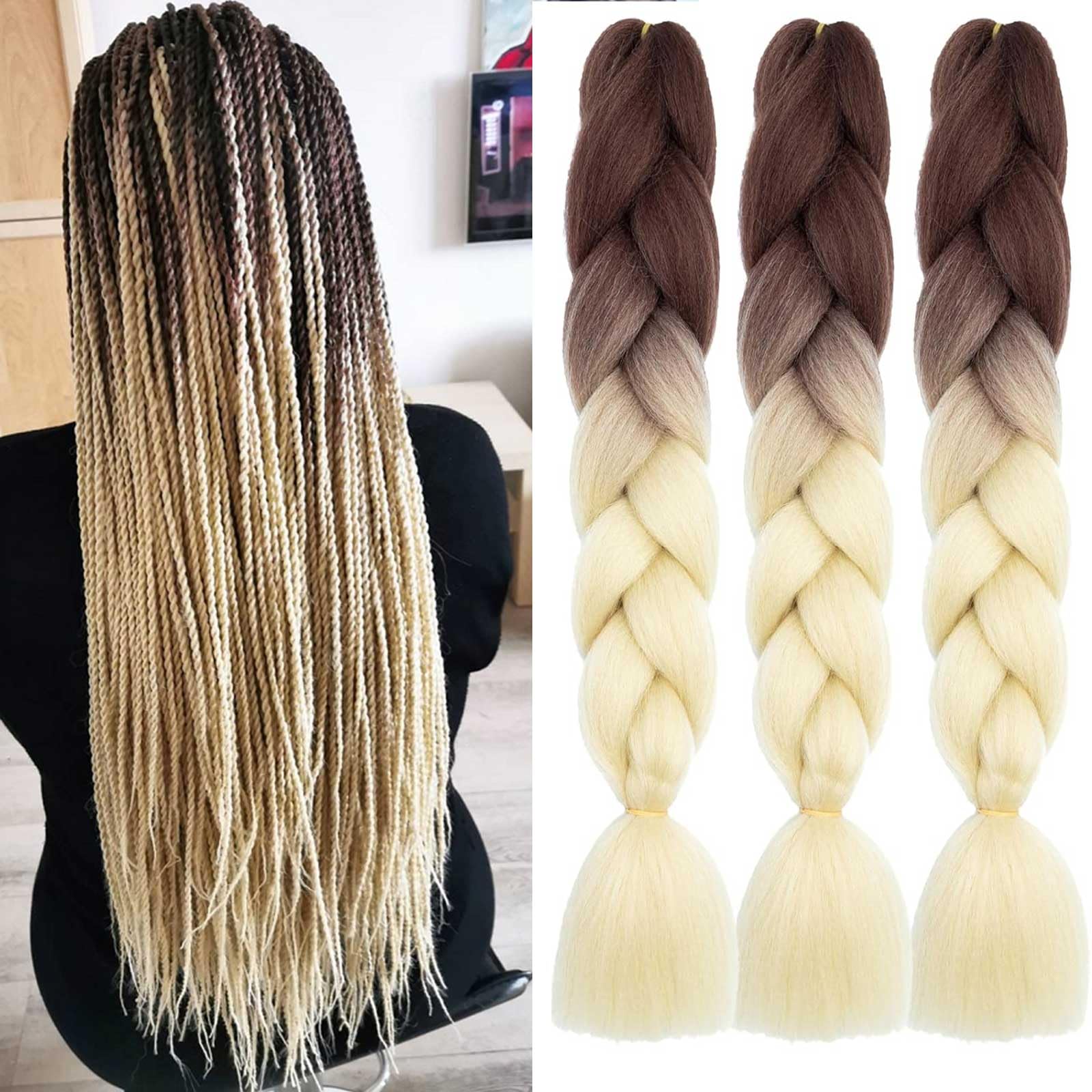 Xtrend 3Packs 24Inch 2 Tones Ombre Braiding Hair Crochet Braids High Tempreture Synthetic Hair Extensions Jumbo Braiding Hair Extension for Box Braiding Hair (3Packs, Brown/Beige#) โ image 1