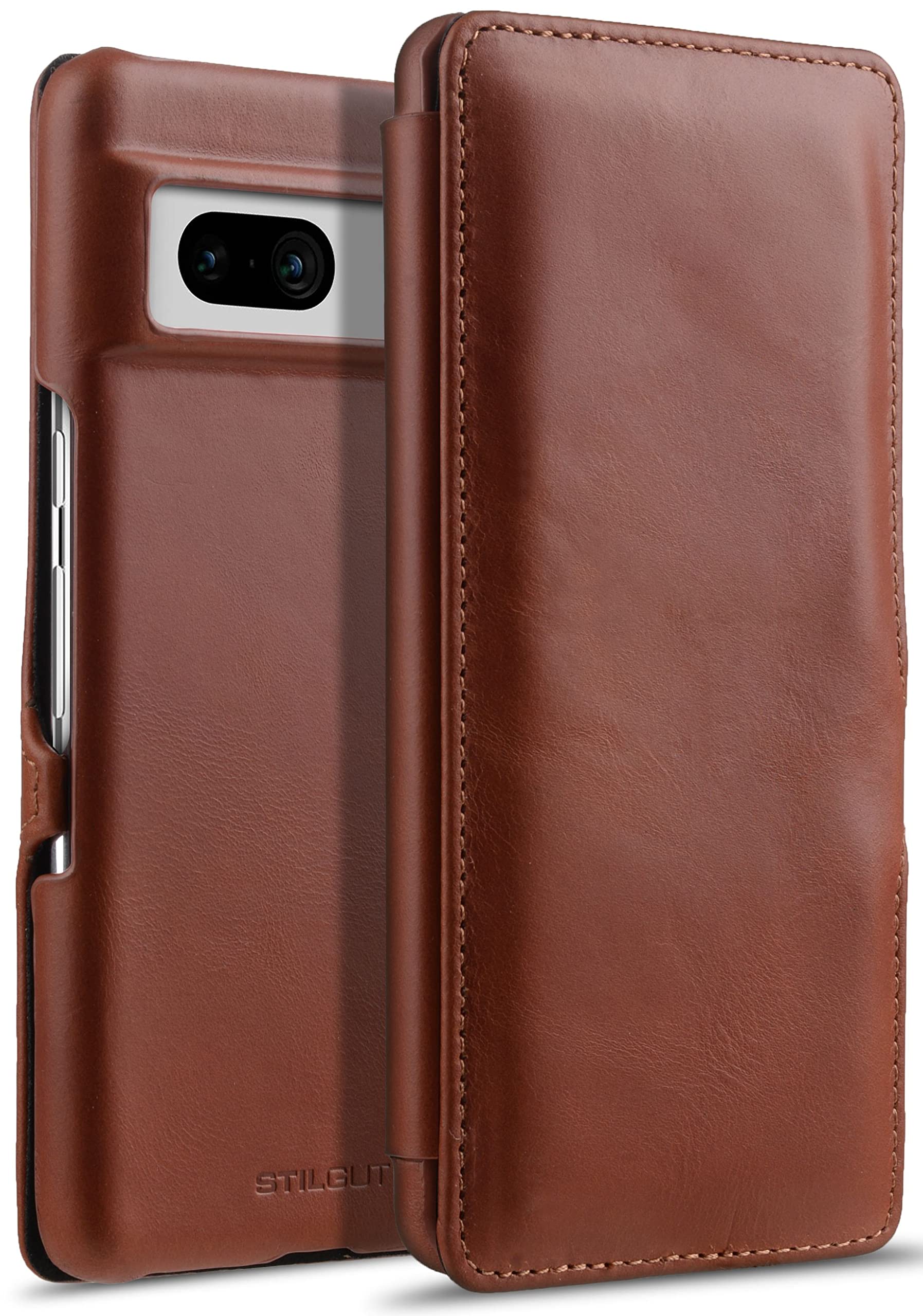STILGUT Book Case Compatible with Google Pixel 7 Leather Case with Clip Closure, Leather Case, Flip Case, Mobile Phone Case - Cognac