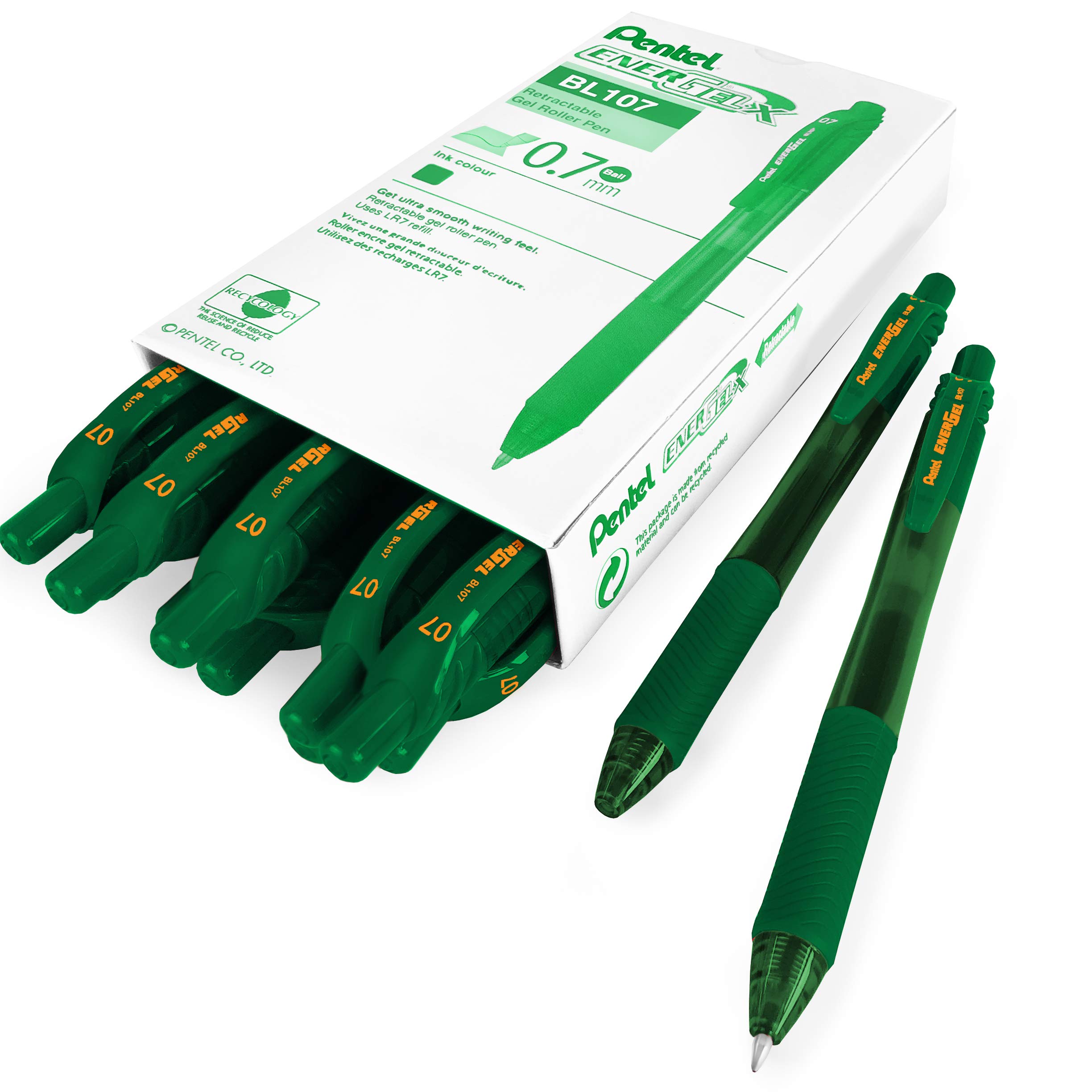Pentel Energel X BL107 Retractable Gel Rollerball Pens - 0.7mm - Green Ink - Pack of 12