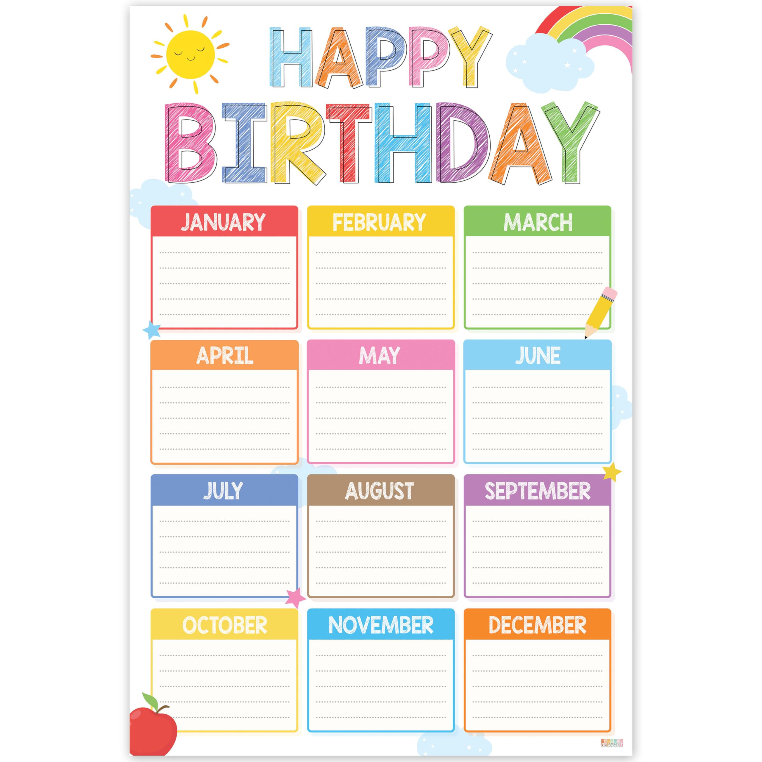 Photo 1 of BEAWART Colorful Classroom Birthday Chart 16"x24", Back to School Happy Bday Poster Calendar for Teacher Student Kids, Bulletin Board Sign Decoration, Reusable Teaching Supplies Gift, Ship in Tube