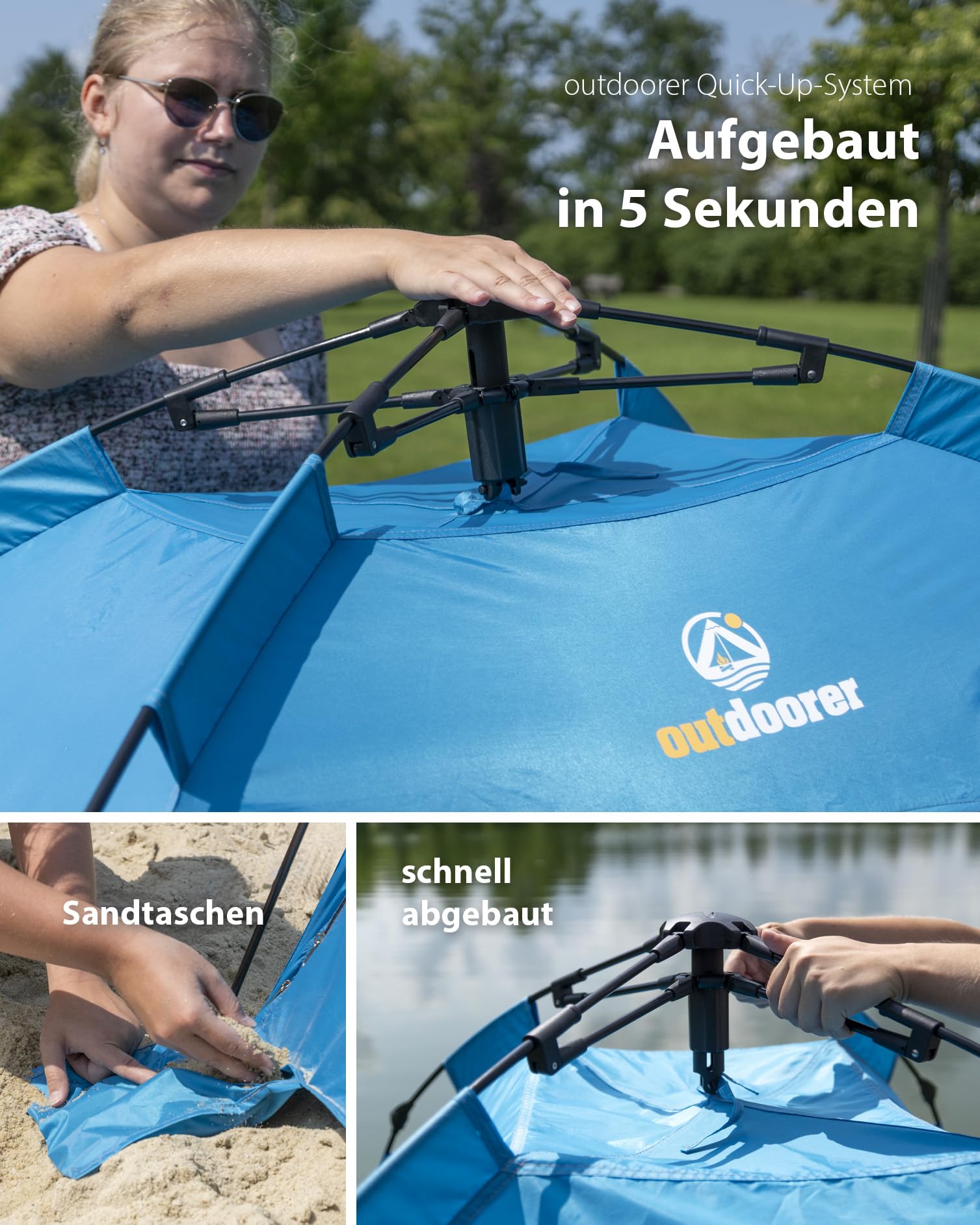outdoorer Sun Snapper Air - UV 80 Quick-up-Strandmuschel mit 4 Türen und 3 Fenster, Schnellaufbau BZW. Automatik-Strandzelt, verschließbar, mit UV-Schutz 80, Sichtschutz und Insektenschutz 5