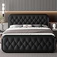Feonase Full Size Bed Frame, Heavy Duty Bed Frame with Faux Leather Headboard, Upholstered Platform Bed with Strong Metal Slats, 12" Under-Bed Storage, Noise-Free, Easy Assembly, Black