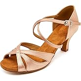 Women's Latin Dance Shoes Female's Ballroom Salsa Dance Shoes with 2.5" Heel(A-Style Nude Size 9.5)