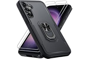 Janmitta for Samsung Galaxy S24 Case with Screen Protector[2 Pack],Heavy Duty Shockproof Full Body Protective Cover Built in Rotatable Metal Ring Holder Kickstand,2024 Black Matte