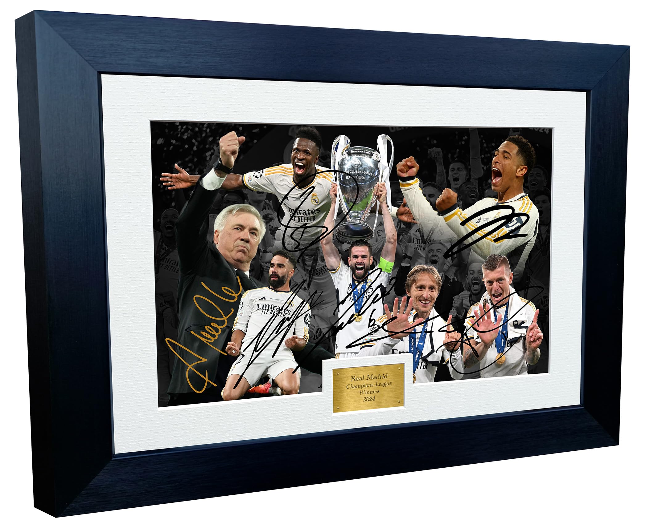 12x8 A4 Real Madrid 2024 Champions Leagues Winners Bellingham Vinicius Junior Carvajal Modric Kroos Nacho Ancelotti Autographed Signed Photo Photograph Picture Frame Football Soccer Poster Gift