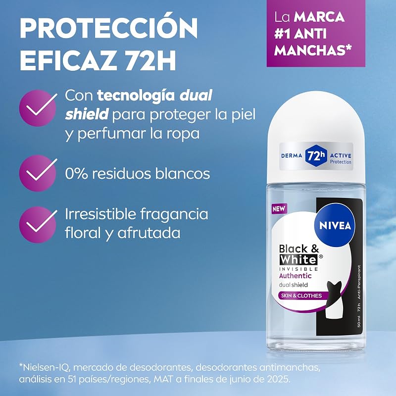 Desodorizante Autêntico Preto e Branco para Mulheres, Roll-On, pacote de 6 x 50 ml