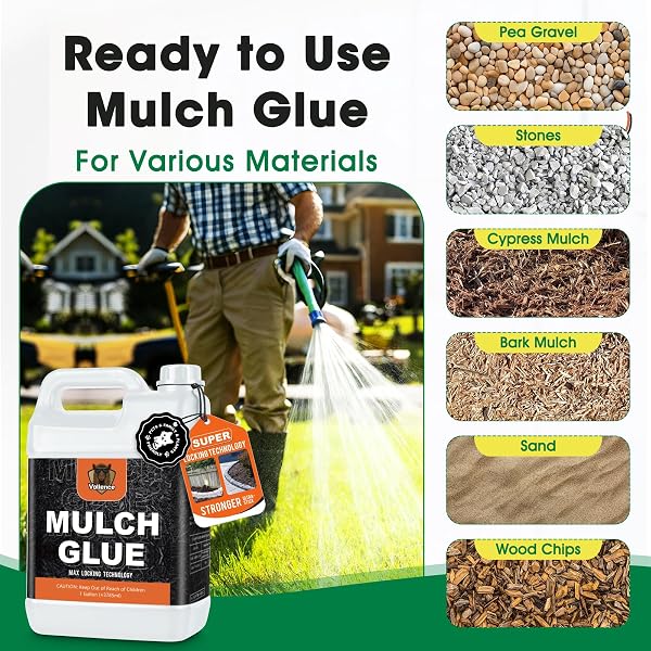 VOLLENCE READY TO USE MULCH GLUE, 128OZ ROCK GLUE FOR LANDSCAPING, NO DILUTION NEEDED FAST-DRY STRONG PEA GRAVEL STABILIZER LANDSCAPE, BINDER FOR PEBBLE, PINE STRAW FOR OUTDOOR GARDENS