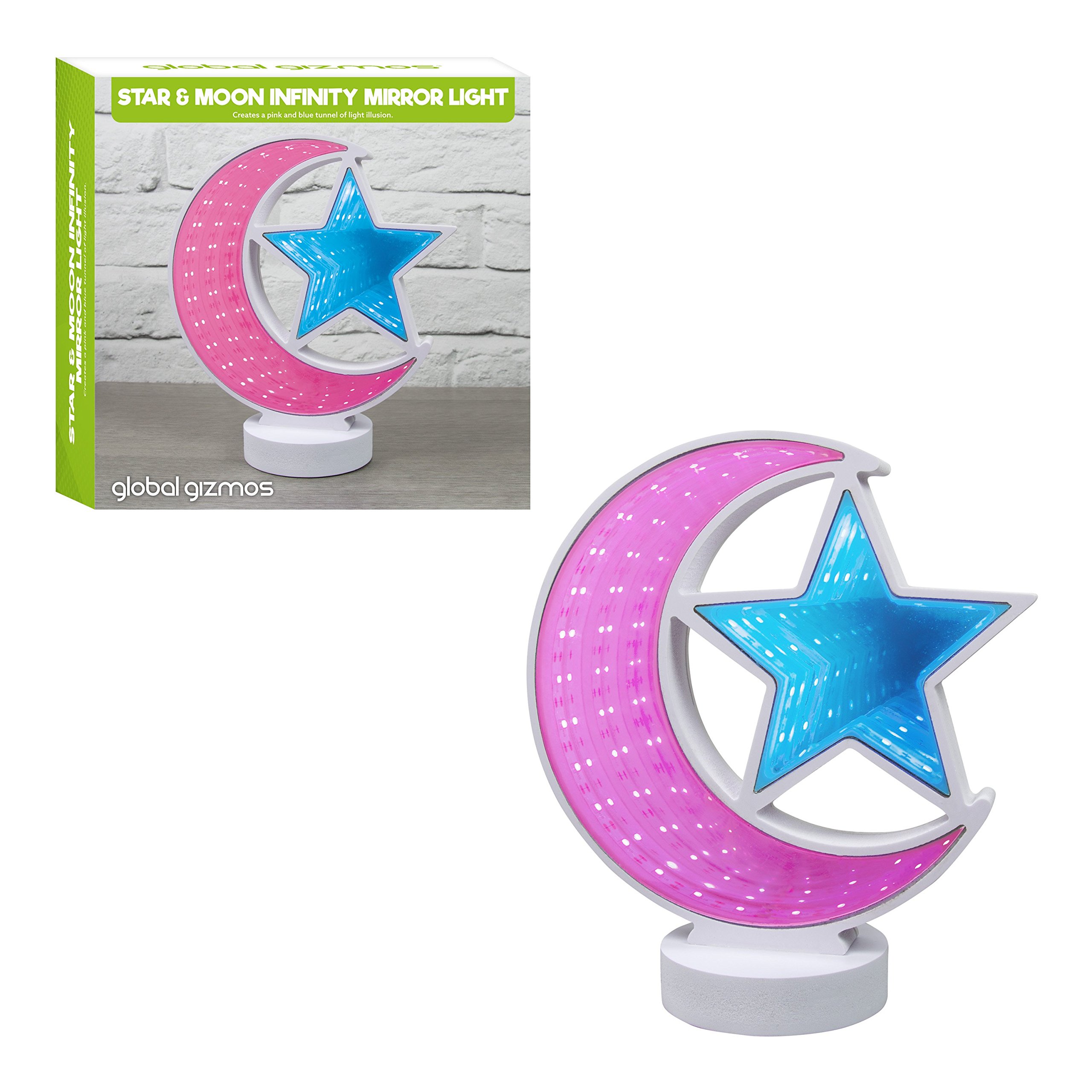 Global Gizmos Moon & Star Infinity Mirror Light, White, Pink & Blue