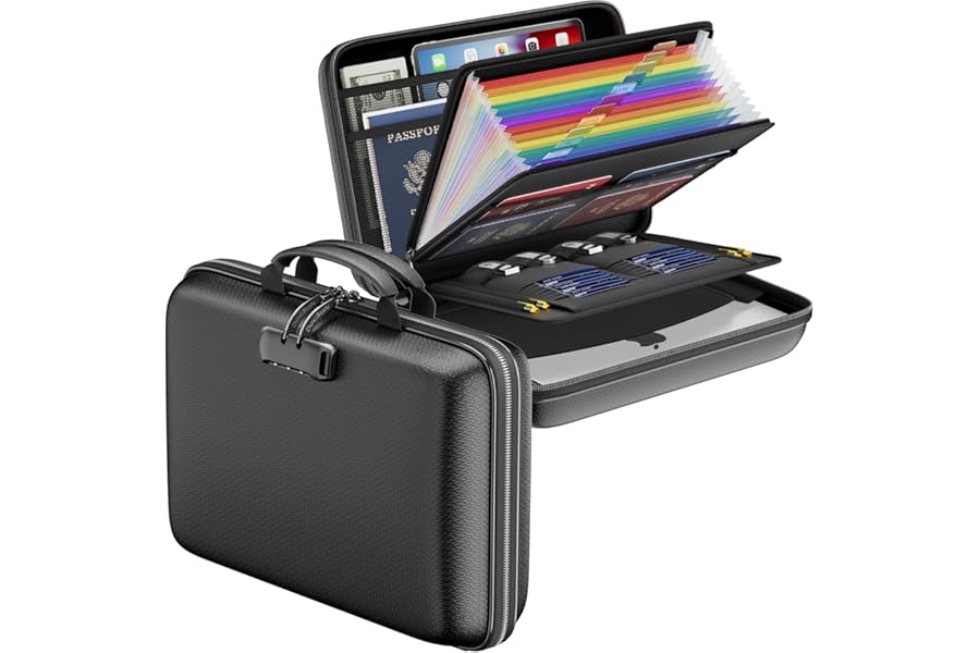DocSafe Fireproof File Organizer with Lock, Hard-Shell Case Fireproof Document Box with 13 Pocket Accordion File Folder, Portable Home Office Travel Safe Storage for Important Documents Laptop Black