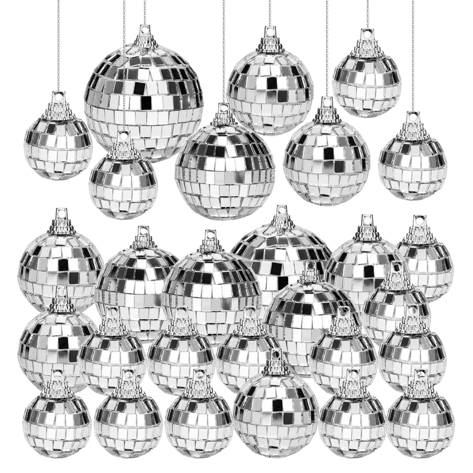 Photo 1 of 28 Pcs Disco Balls Ornaments, Mirror Disco Ball, Silver Ball with Hanging Rope for Holiday Birthday Wedding Dance Music Party Decorations, Assorted Sizes